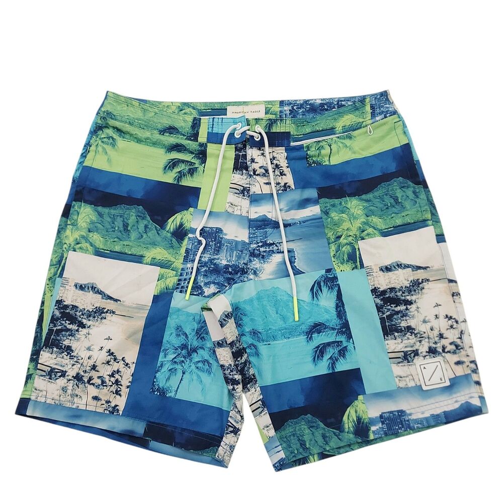 American Eagle Board Shorts Mens Large Blue Tropical Print Surfing Swimming
